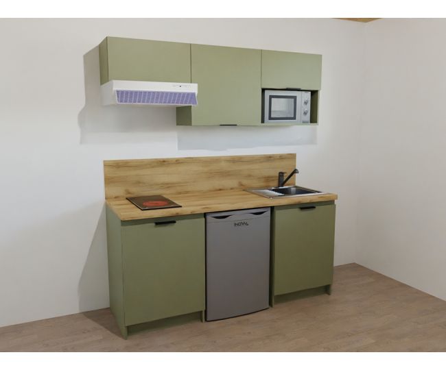 ÉVIER CUISINETTE + DOMINO INDUC LARGEUR 120 CM AVEC RÉFRIGÉRATEUR D