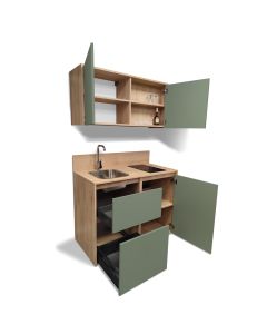 Mini Cuisine BOX 123 cm - INCLUS : Plaque INDUCTION + HOTTE ENCASTRABLE + Évier + Robinetterie + Led
