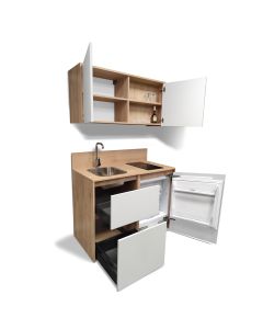 Mini Cuisine BOX 123 cm - INCLUS : Plaque INDUCTION + HOTTE ENCASTRABLE + RÉFRIGÉRATEUR + Évier + Robinetterie + Led