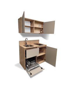 Mini Cuisine BOX 123 cm - INCLUS : Plaque INDUCTION + HOTTE ENCASTRABLE + LAVE-VAISSELLE + Évier + Robinetterie + Led