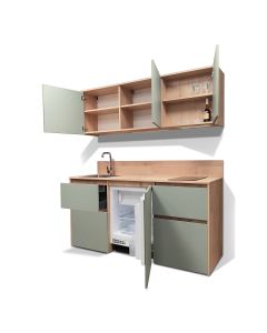 Mini Cuisine BOX 182 cm - INCLUS : Plaque INDUCTION + HOTTE ENCASTRABLE + RÉFRIGÉRATEUR + Évier + Robinetterie + Led